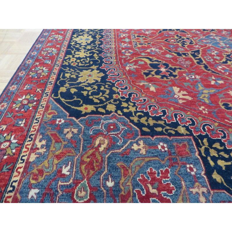 Tapis oriental bleu marine en laine noué à la main Dereyon, Rectangle 7 pi 10 po x 10 pi 1 po