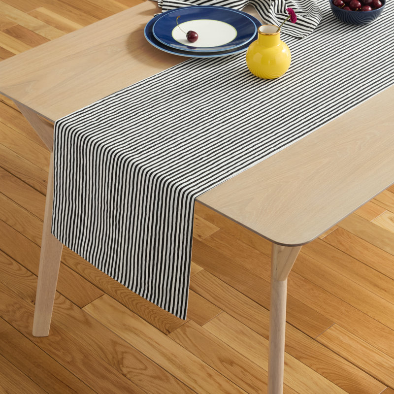 KATE SPADE NEW YORK Hand Painted Shirting Stripe Table Runner 15"x72" Silver/White, Black/White
