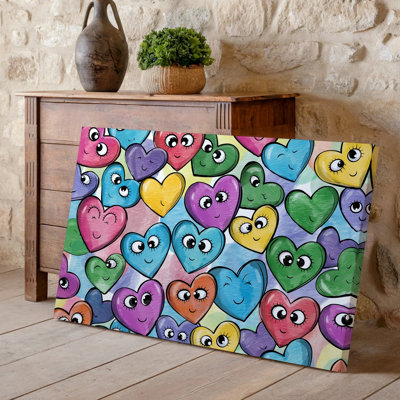 Canvas A Vibrant Whimsical Pattern Featuring An Array Of Hearts In Wall Art Various Colors Including Pink Blue Green Yellow And Purple Canvas Wall Art