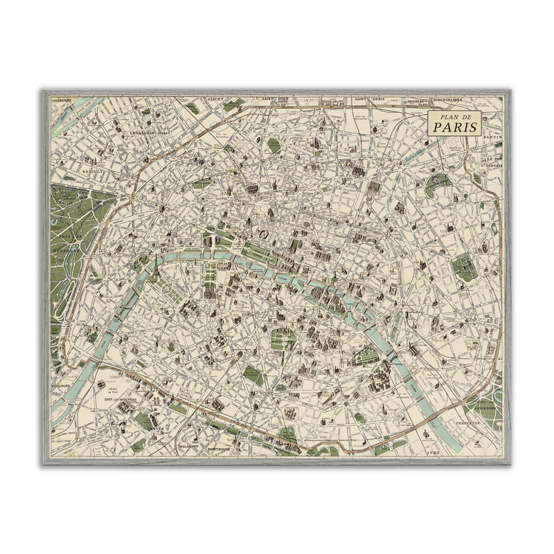 «Vintage Map of Paris», estampe numérique, design par Phillipa Katz, H 24 po x l 30 po, Estampe numérique Farmhouse