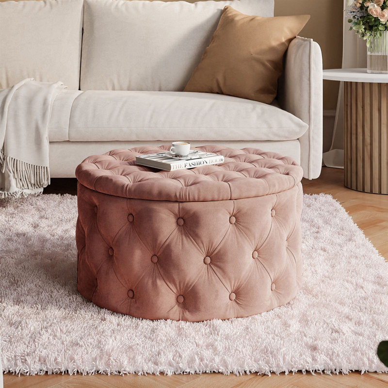 CHESTERFIELD Round Upholstered Pouf Hocker 70 cm, Pink Polyester