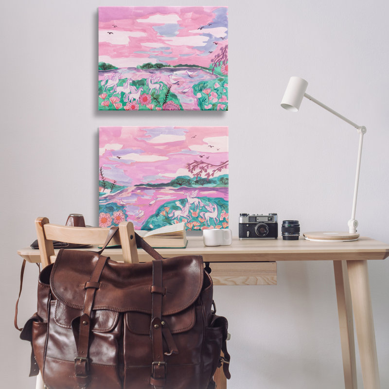  "Unicorn Nature Whimsy", ensemble de 2 toiles murales par Melissa Wang, H 24 po x l 30 po