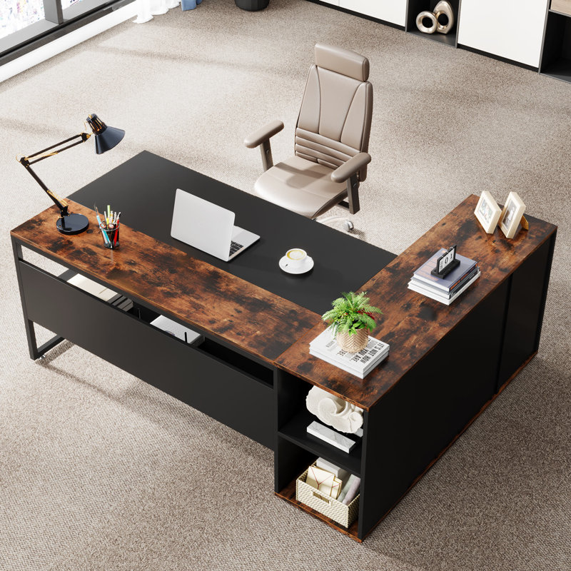 L- Shape Executive Desk, Rustic Brown/Black