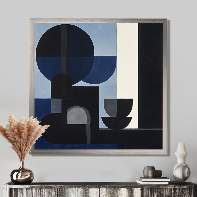 Composition Bleu Nuit - Décoration Murale Géométrique sur Toile, H 44 po x l 44 po, Cadre photo argenté