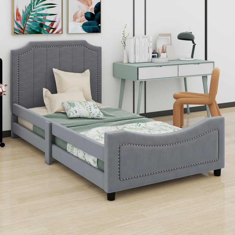 Upholstered Daybed With Classic Stripe Shaped Headboard, Grey