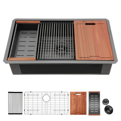 33" Undermount Kitchen Sink - 33*19*9 Inch Kitchen Sink Undermount Single Bowl 16 Gauge Stainless Steel Ledge Workstation Kitchen Sinks