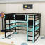 Lit mezzanine en bois avec bandes lumineuses, bureau, tablettes et ports de chargement USB-124909153-124909154
