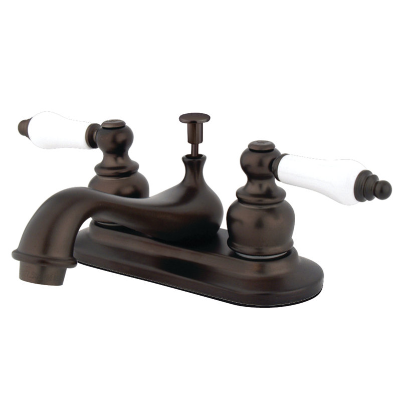Kingston Brass Restoration Two-Handle 3-Hole Deck Mount 4" Centerset Bathroom Faucet with Plastic Pop-Up, Oil Rubbed Bronze