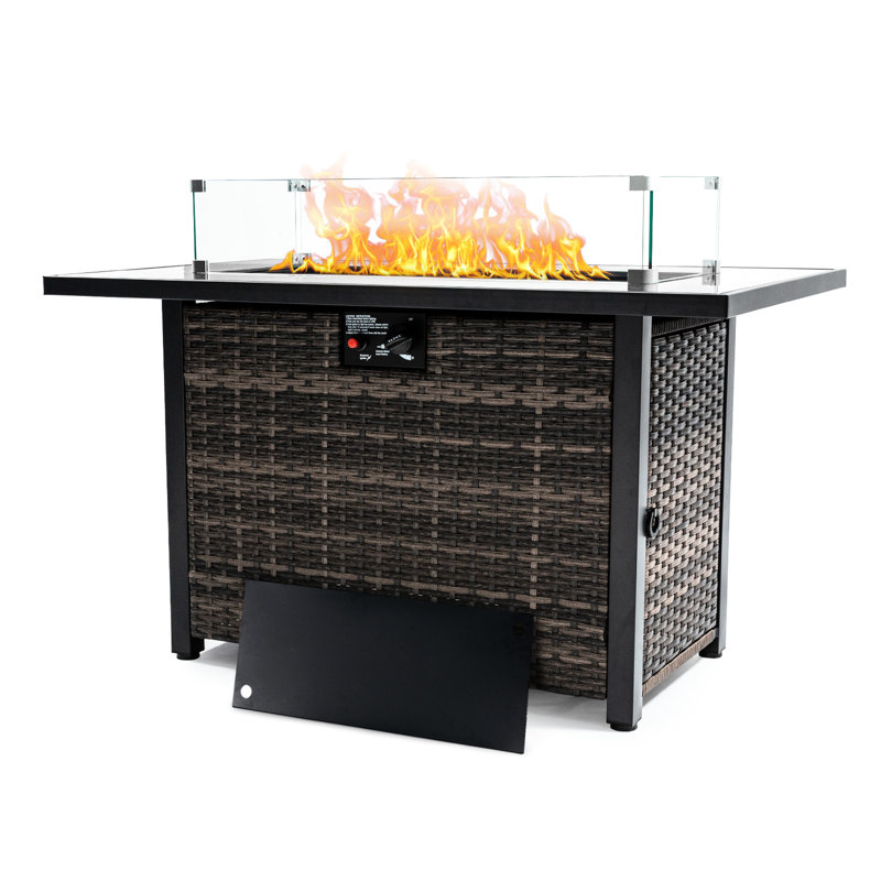 50,000 Outdoor Heating Fire Table, Propane Gas With Base And Glass Wind Guard, For Garden Patio Backyard, Radiant Design