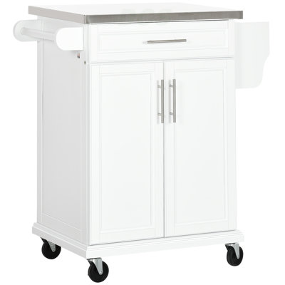 Kitchen Island On Wheels, Rolling Kitchen Cart With Stainless Steel Countertop, Drawer, Towel Rack And Spice Rack, Utility Storage Trolley, White, Kitchen Island