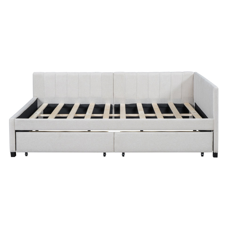 Upholstered Daybed With 2 Storage Drawers Sofa Bed Frame No Box Spring Needed, Linen Fabric, Beige