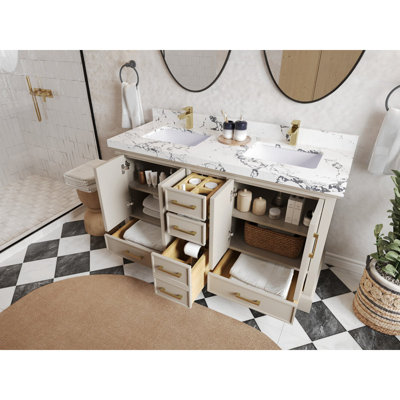 Meuble-lavabo double 60 po avec plateau Charlotte, Marbre de Carrare