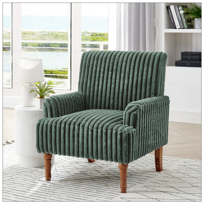 Chaise d'appoint moderne avec velours côtelé, pieds en bois massif et fauteuil rembourré confortable de couleur vert armée pour le salon
