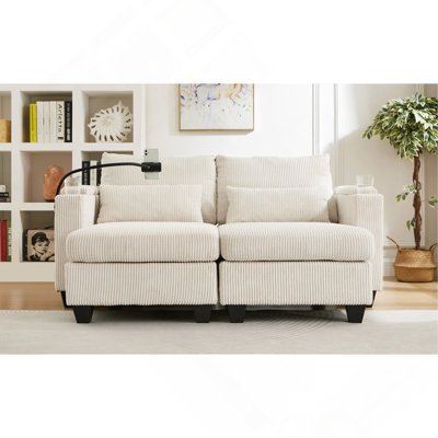 63" Loveseat Sofa Sofa Bed Corduroy Sleeper Sofa featuring USB Ports , Convertible Chaise Lounge , Two Cup Holders, A Phone Holder and Ample Storage Space for Living Room and Bedroom, Beige