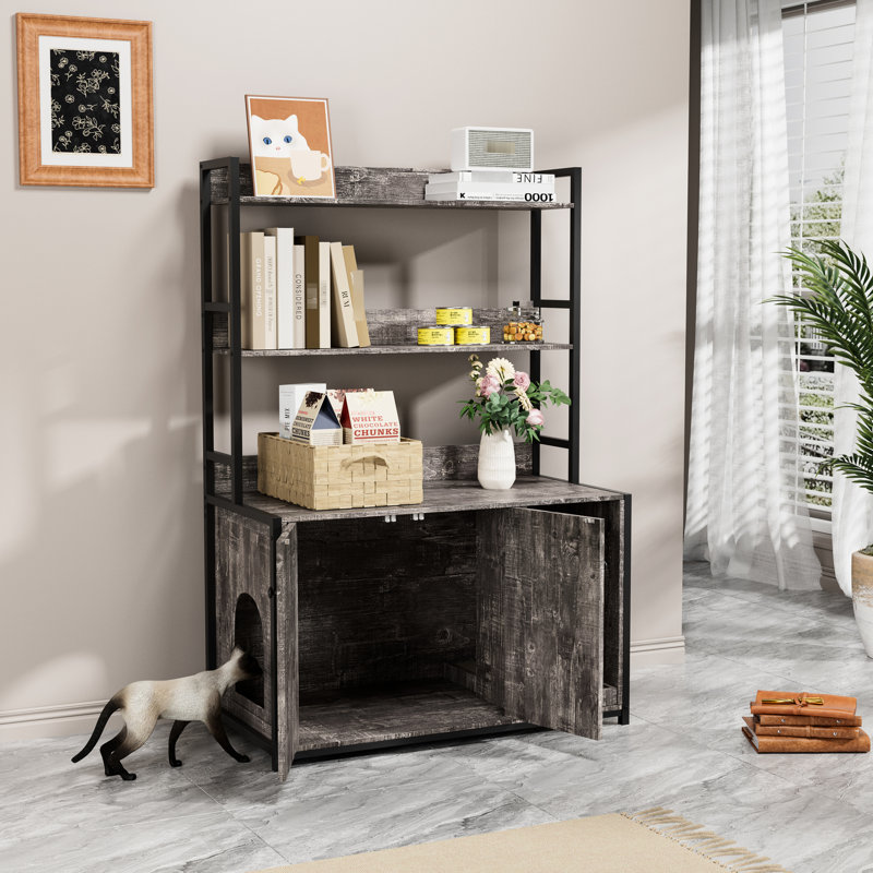 Grande armoire intérieure pour chat grise avec étagère de rangement, portes doubles et bloc-notes, structure de litière cachée