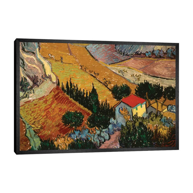 Landscape with House and Ploughman, 1889 by Vincent Van Gogh - 1 Piece Floater Frame Painting on Canvas, Black Framed