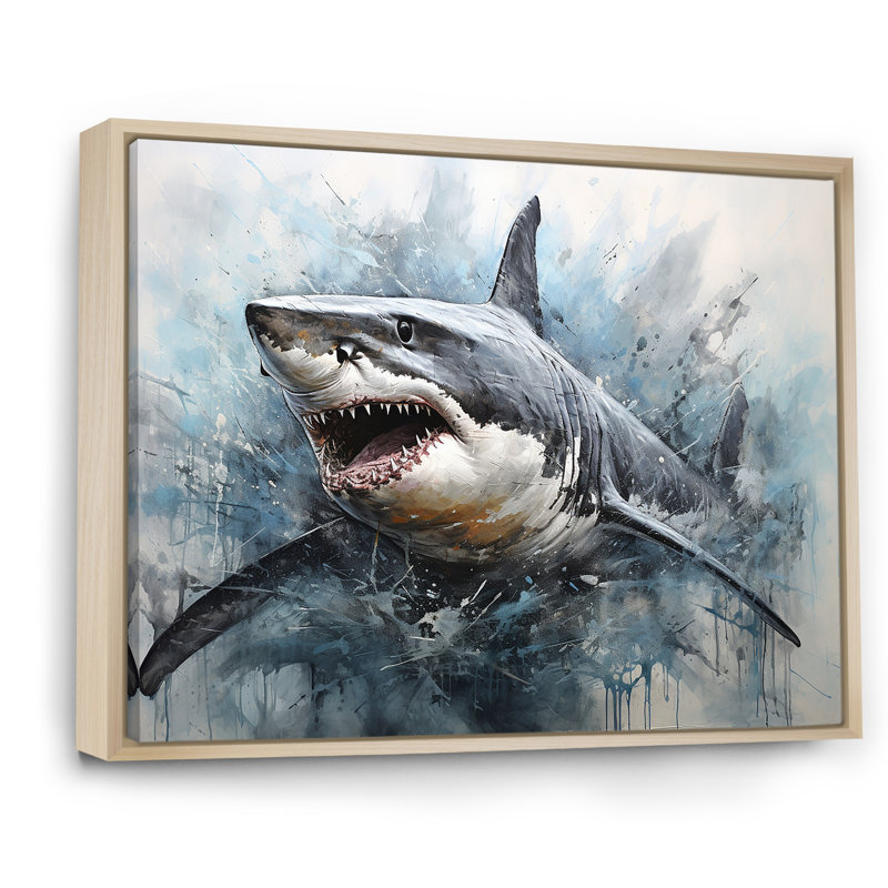 Minimalism Blue Shark Painting - Shark Wall Art, Natural Floater Framed, 16" H x 32" W x 1" D