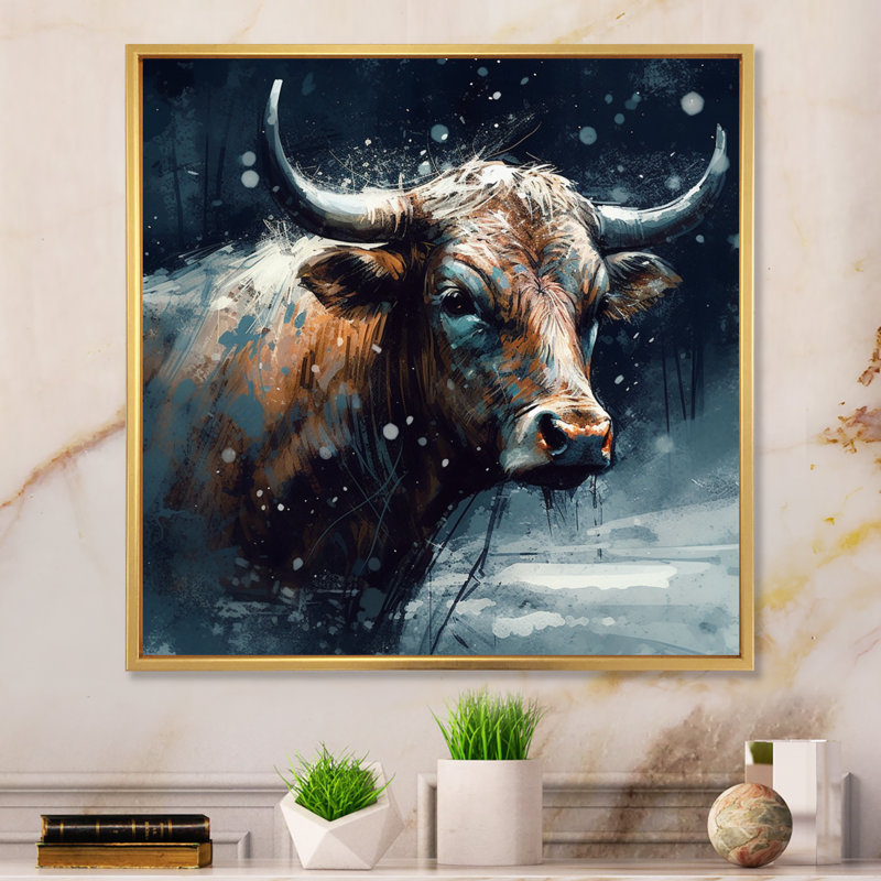 Vache dans la neige II - impression, H 16 po x l 16 po x P 1 po, Cadre flottant doré