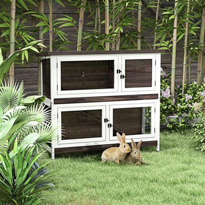 Cage à lapin 46 po en bois brun, 2 cochons d'Inde extérieurs avec deux plateaux doubles, rampe, toit en asphalte, installation simple pour 1 à 2 lapins, chambre noire, technique de toit en cage,