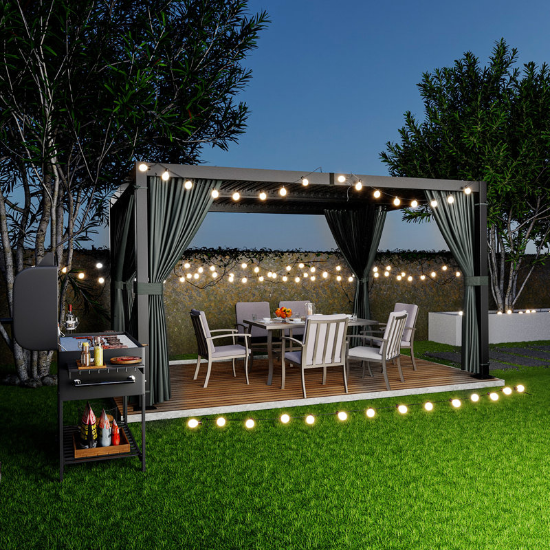 Aluminum Louvered Pergola with Adjustable Roof and Curtains, Black, 13 Ft. W x 10 Ft. D