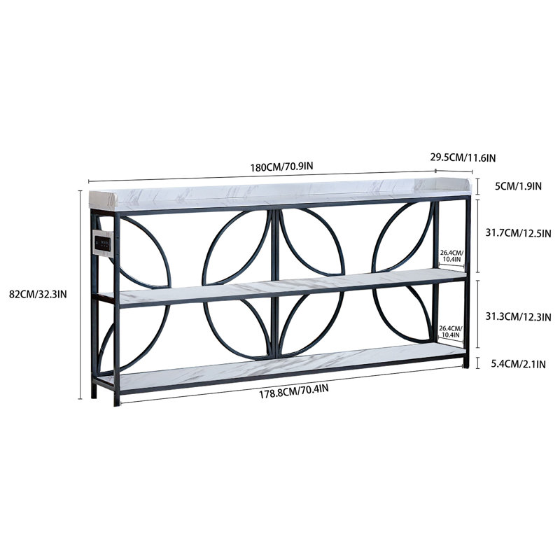 70.9" Marble White Console Table with Charging Ports and Metal Frame