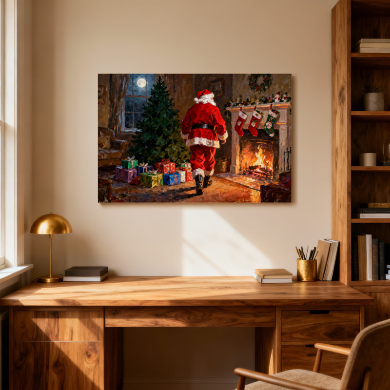 Père Noël qui entre dans une chambre de Noël douillette, H 12 po x l 18 po