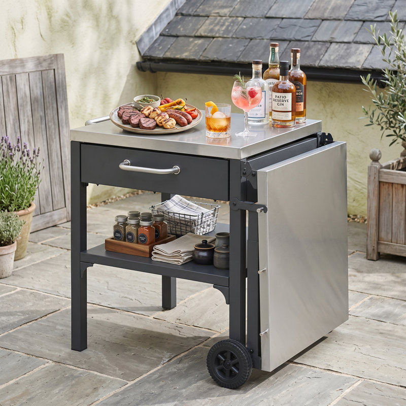 Chariot de cuisine pliable pour l'extérieur avec plateau en acier inoxydable et rangement, Grey