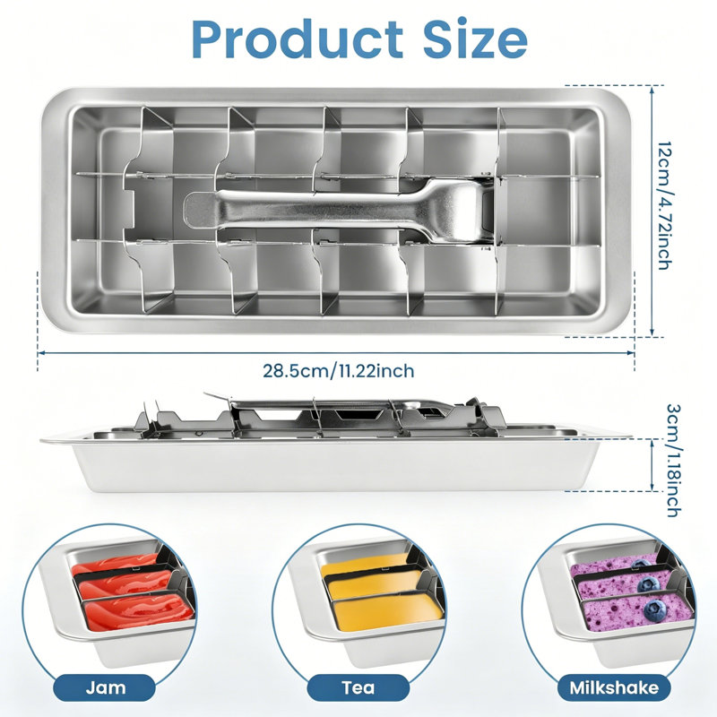 Set of 2 Stainless Steel Ice Cube Trays, 18-Cavity Detachable Metal Ice Maker with Easy Release Lever Handle, Removable Square Ice Cube Mould for Freezer, Multi-Use for Ice Cubes, Frozen Juice & Baby Food