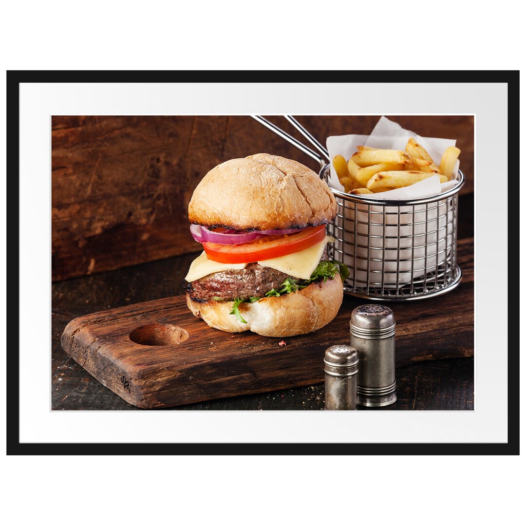 Gerahmtes Poster Cheesburger mit Pommes