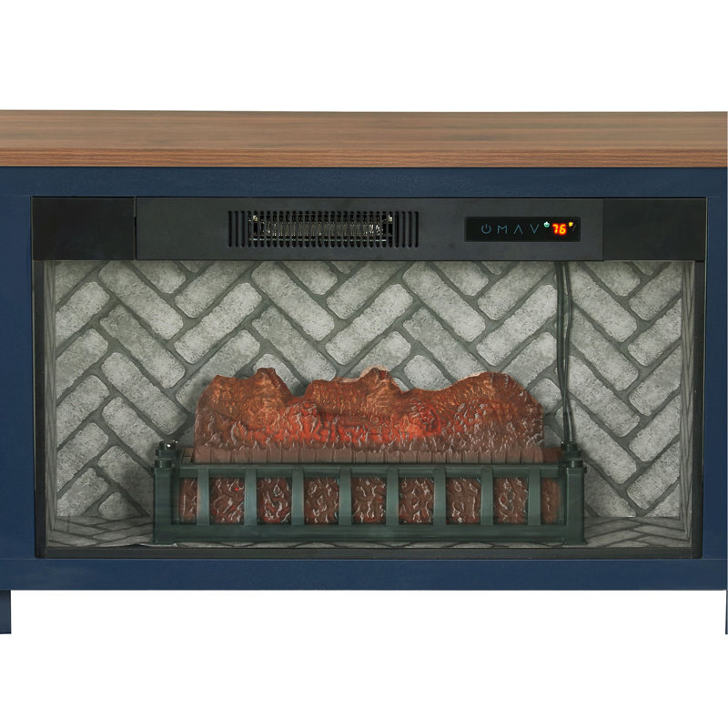 1 console multimédia avec foyer électrique bleu flammes, armoire latérale avec trous réglables, grille pour bûches, finition deux tons