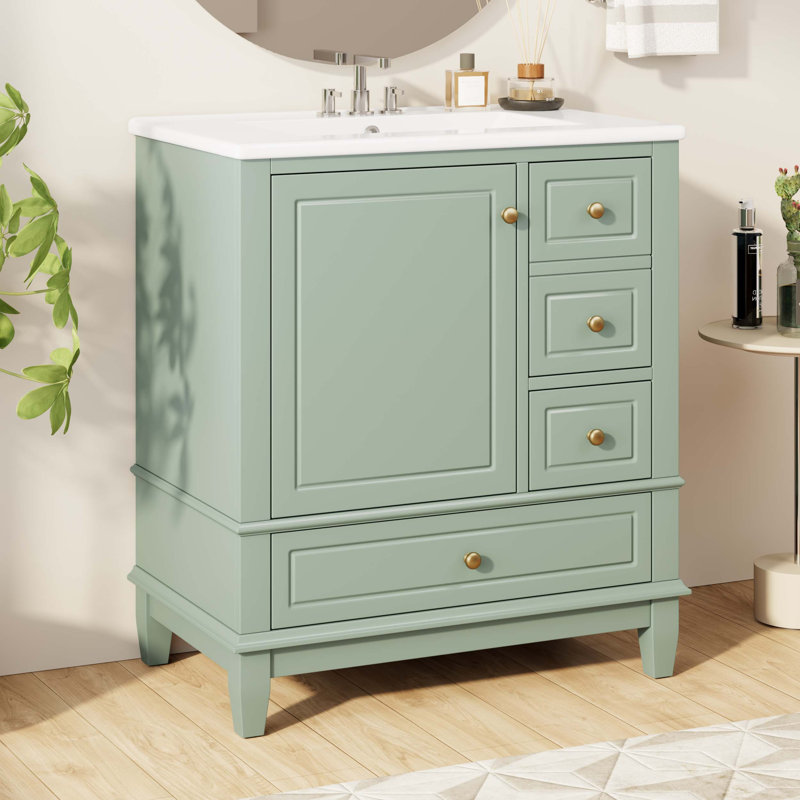 30" Bathroom Vanity With Sink, One Door With Shelf And Three Drawers, Soft Close Door, Light Green/Gold