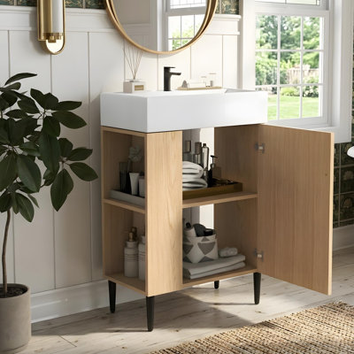 21.6" bathroom vanity with ceramic sink, soft-close door on the right, and left-side cabinet