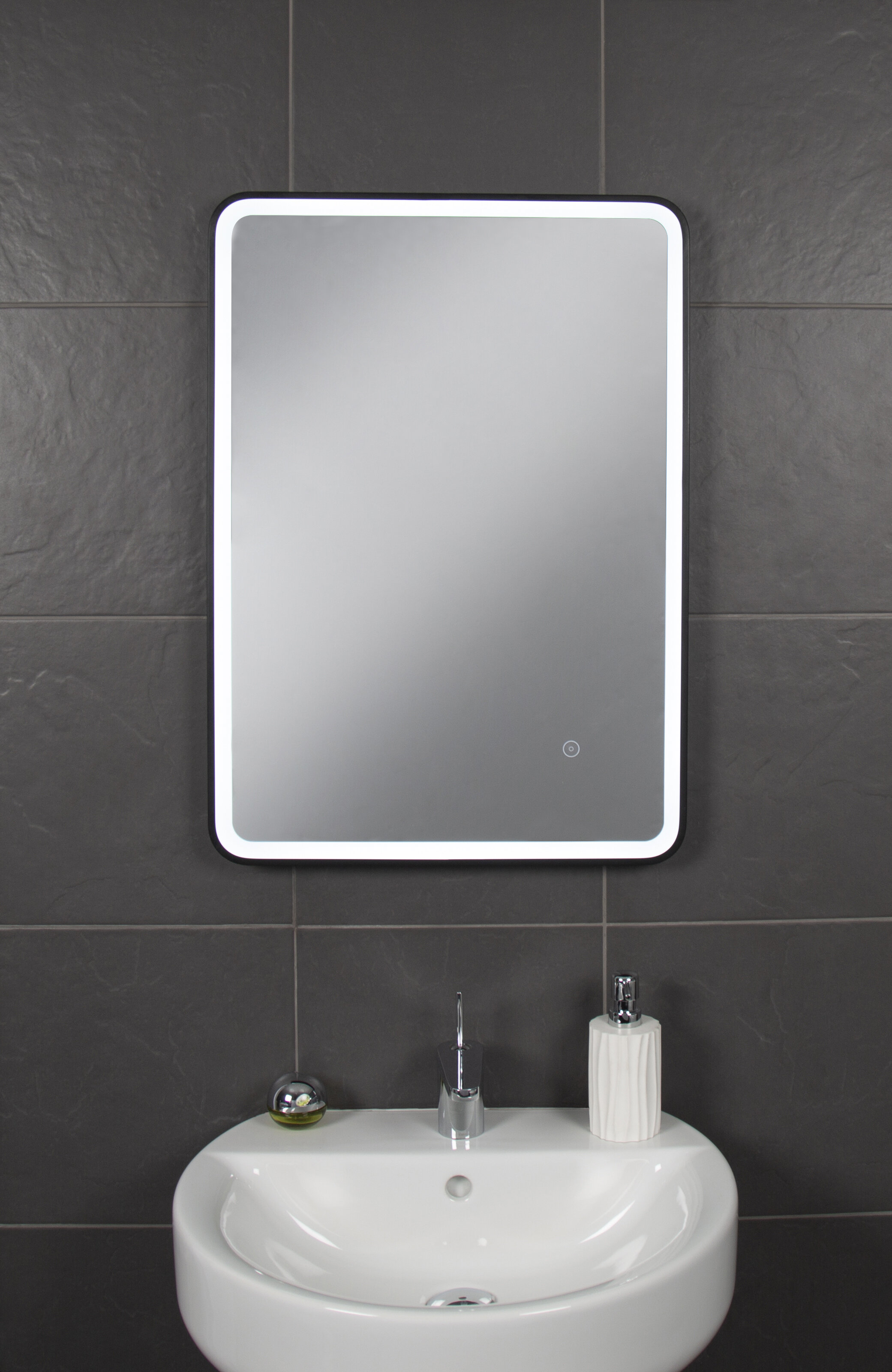 Black framed illuminated on sale bathroom mirror