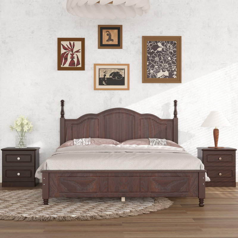 Base de lit plateforme en bois de style minimaliste avec support à lattes, Grand lit, Dark Walnut