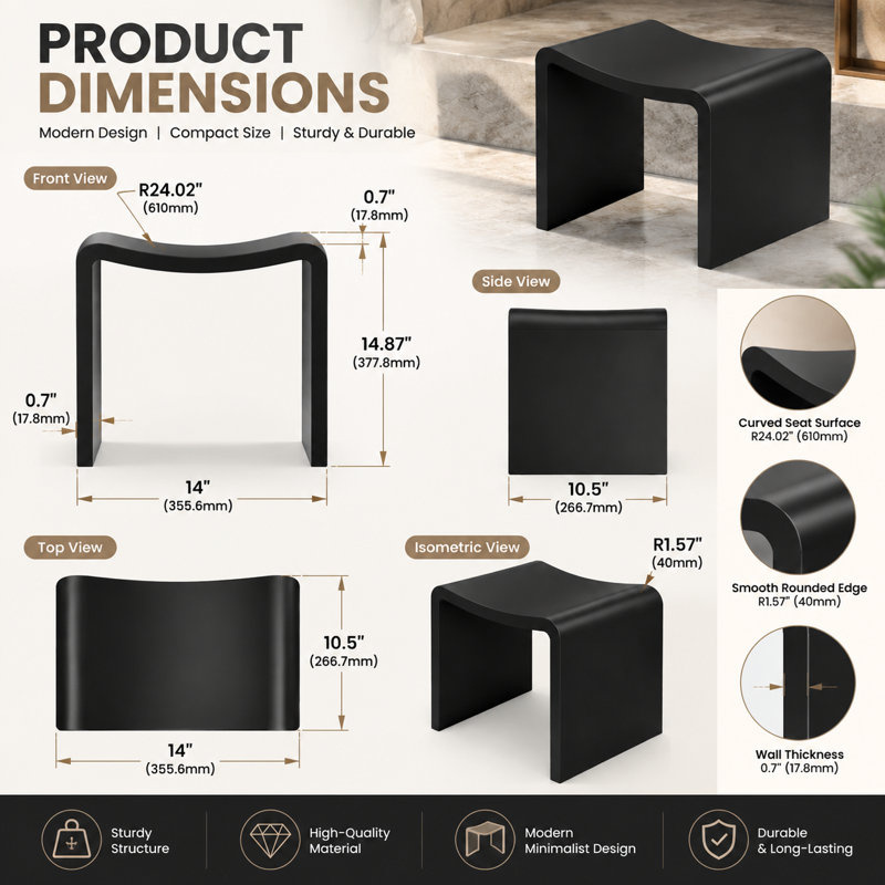 Tabouret de salle de bain autoportant à surface solide de 14 pouces, tabouret de douche imperméable et grand siège de douche portable Kakusiga