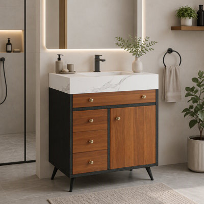 Meuble-lavabo autoportant moderne avec lavabo en céramique et plateau en pierre frittée