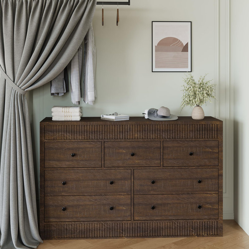 Fluted 7 Drawer Wooden Dresser, 54" Wide Modern Storage Chest for Bedroom or Living Room, Walnut