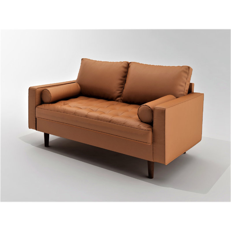 Goodwyn 57.87" Wide Faux Leather Square Arm Loveseat, Brown Faux Leather