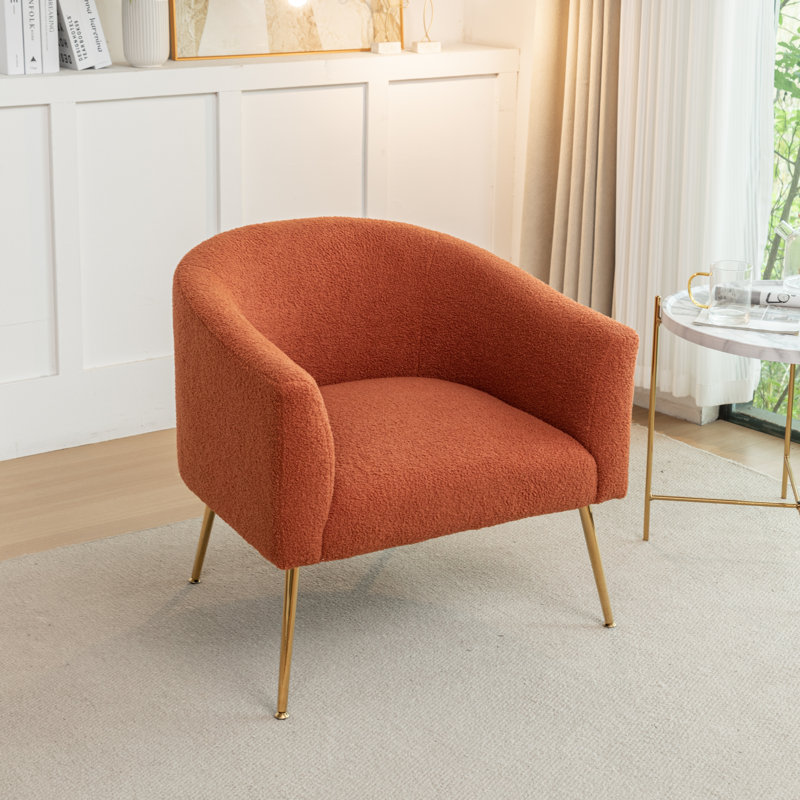 Fauteuil demi-tonneau Jameila, Fausse fourrure orange, Doré, 1