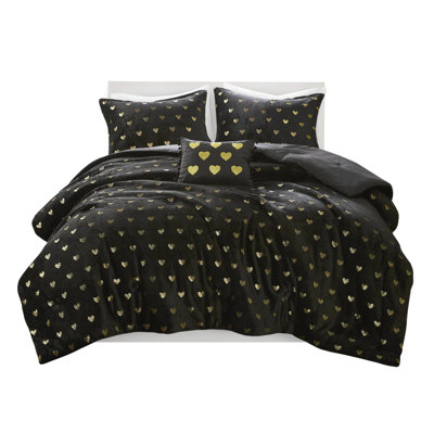 Édredon pour lit simple / simple TG avec 2 taies décoratives et coussin décoratif, noir / or, rembourrage, - 1 taie décorative imprimée, rembourrée, lavable à la machine