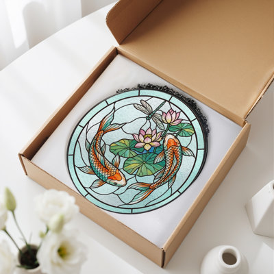 Koi Fish Stained Glass Window Panel，12"H