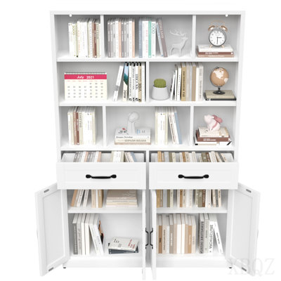 71" H Metal Bookcase with 2 Doors & 2 Drawers, Tall Storage Cabinet with Fixed Open Shelves for Home Office, Living Room, Modern Bookshelf, White