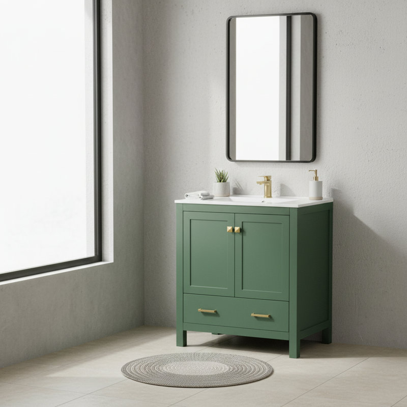 Meuble-lavabo vert 30 po | Lavabo sous-comptoir simple et rangement à fermeture en douceur, Vert, 30