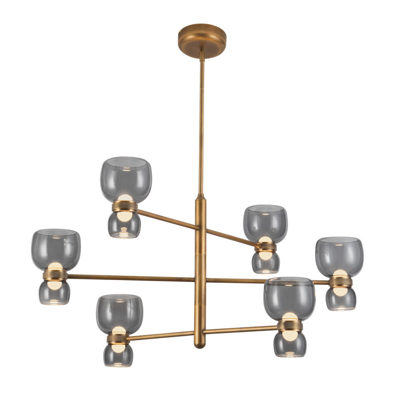 Sutton 36-in Black dimmable LED Chandelier, Smoked Glass, Antique Brass