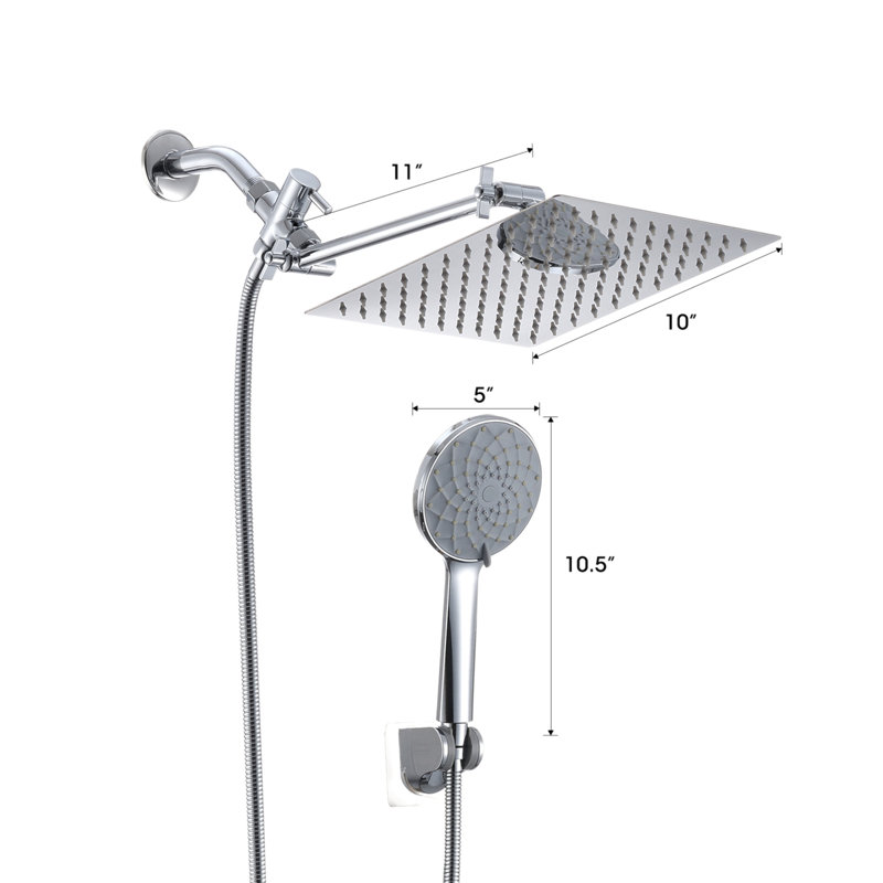Shower Head, 10 Inch High Pressure Rainfall Shower Head/Handheld Shower Combo With 11 Inch Extension Arm, 6 Settings Adjustable Anti-Leak Shower Head With Holder/Hose, Height/Angle Adjustable