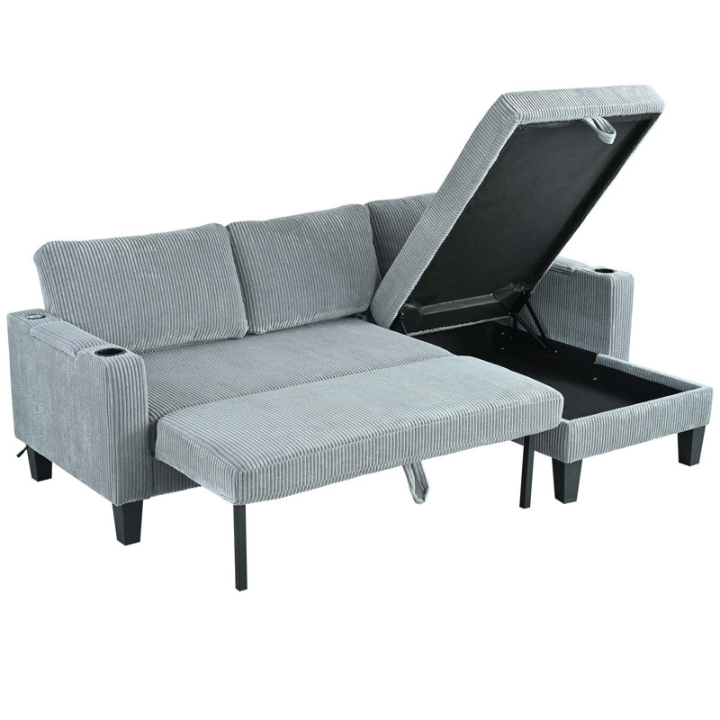 Canapé modulaire réversible avec méridienne de rangement et porte-gobelet, Velours côtelé gris
