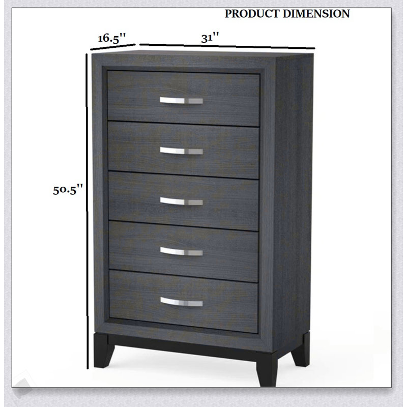 Commode 1 pièce de style contemporain avec look moderne, conception à deux tons, pieds en bois, poignées en nickel et finition grise pour la chambre à coucher