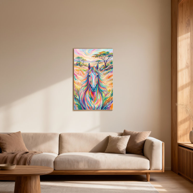 Animaux, cheval coloré avec crinière arc-en-ciel et fond de paysage, H 12 po x l 18 po
