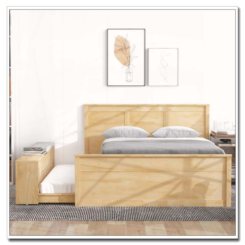 Lit plateforme en bois avec lit gigogne escamotable, armoire de rangement, Lit double, Naturel