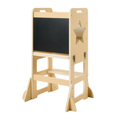 Toddler Tower, Wooden, 4 in 1 Kitchen Step Stool for Kids 1-5, Montessori Weaning Table and Chair Set, Learning Standing Tower with Chalkboard, Easy t